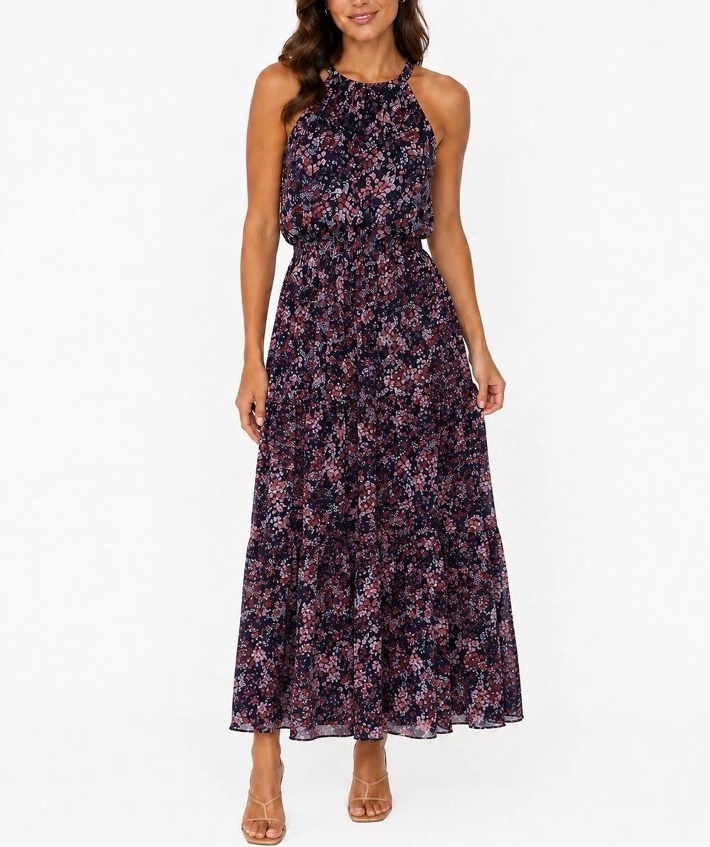 Nicole Miller Floral Halter Tiered Midi/Maxi Dress – Black Multicolor Floral